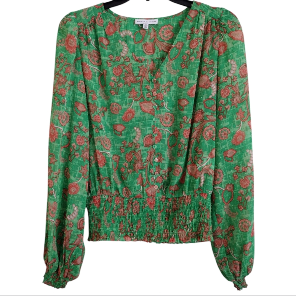 Maison D'Amelie green orange sheer floral top size small